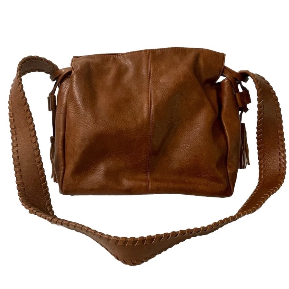 Antik Kraft Brown Vegan Leather Large Handbag Tassels Braiding Details Boho
